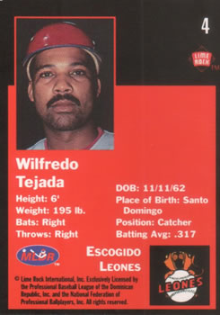 1993 Lime Rock Dominican Winter League #4 Wilfredo Tejada Back