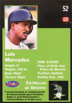 1993 Lime Rock Dominican Winter League #52 Luis Mercedes Back