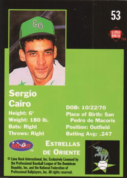 1993 Lime Rock Dominican Winter League #53 Sergio Cairo Back