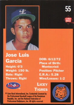 1993 Lime Rock Dominican Winter League #55 Jose Garcia Back