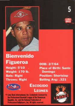 1993 Lime Rock Dominican Winter League #5 Bien Figueroa Back