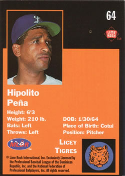 1993 Lime Rock Dominican Winter League #64 Hipolito Pena Back