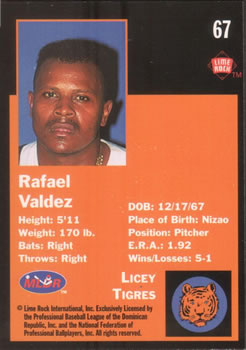 1993 Lime Rock Dominican Winter League #67 Rafael Valdez Back