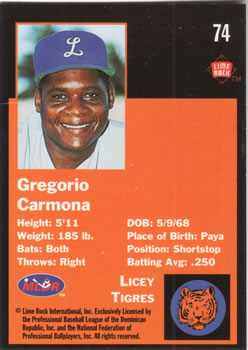 1993 Lime Rock Dominican Winter League #74 Gregorio Carmona Back