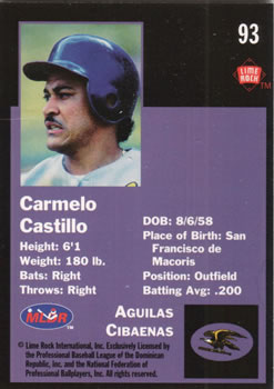 1993 Lime Rock Dominican Winter League #93 Carmelo Castillo Back