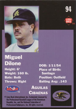 1993 Lime Rock Dominican Winter League #94 Miguel Dilone Back