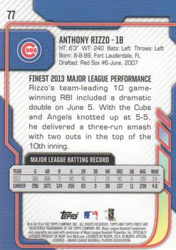 2014 Finest #77 Anthony Rizzo Back