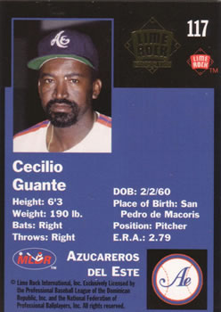 1993 Lime Rock Dominican Winter League - Diamond Stars #117 Cecilio Guante Back