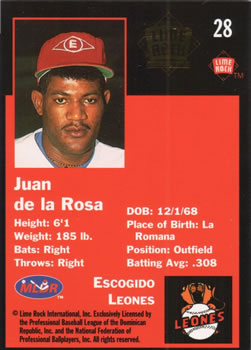 1993 Lime Rock Dominican Winter League - Diamond Stars #28 Juan de la Rosa Back