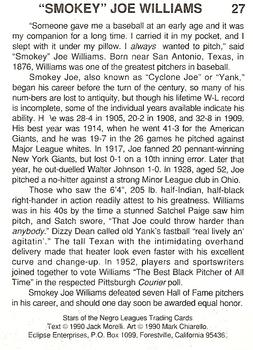 1990 Eclipse Stars of the Negro Leagues #27 Smokey Joe Williams Back