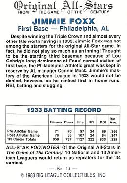 1983 Big League Collectibles Original All-Stars #12 Jimmie Foxx Back