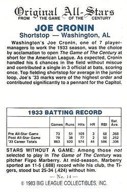 1983 Big League Collectibles Original All-Stars #14 Joe Cronin Back