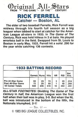 1983 Big League Collectibles Original All-Stars #17 Rick Ferrell Back