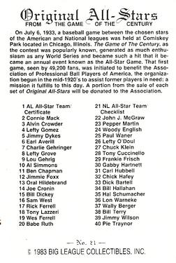 1983 Big League Collectibles Original All-Stars #21 NL All-Star Team Back