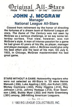 1983 Big League Collectibles Original All-Stars #22 John McGraw Back