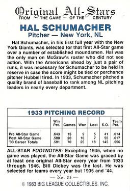 1983 Big League Collectibles Original All-Stars #35 Hal Schumacher Back