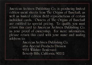 1994 American Archives Origins of Baseball #NNO Title card / (Proof of ownership) Back