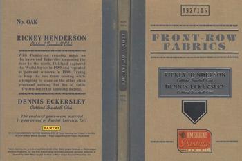 2013 Panini America's Pastime - Front Row Fabrics Booklets #OAK Dennis Eckersley / Rickey Henderson Back
