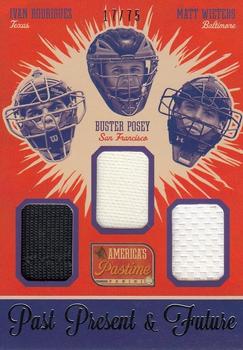 2013 Panini America's Pastime - Past Present and Future #5 Buster Posey / Ivan Rodriguez / Matt Wieters Front