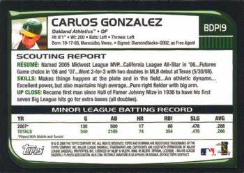 2008 Bowman Draft Picks & Prospects #BDP19 Carlos Gonzalez Back