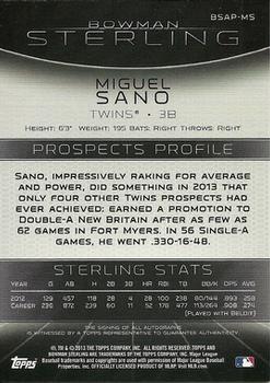 2013 Bowman Sterling - Prospect Autographs #BSAP-MS Miguel Sano Back