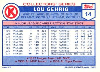 1985 Topps Circle K All Time Home Run Kings #14 Lou Gehrig Back