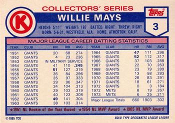 1985 Topps Circle K All Time Home Run Kings #3 Willie Mays Back