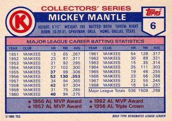 1985 Topps Circle K All Time Home Run Kings #6 Mickey Mantle Back