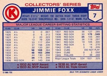1985 Topps Circle K All Time Home Run Kings #7 Jimmie Foxx Back