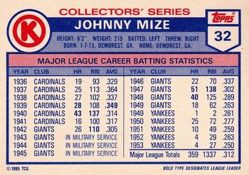 1985 Topps Circle K All Time Home Run Kings #32 Johnny Mize Back