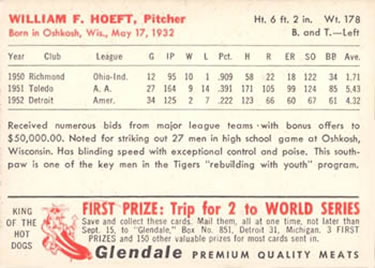 1953 Glendale Hot Dogs Detroit Tigers #NNO Bill Hoeft Back