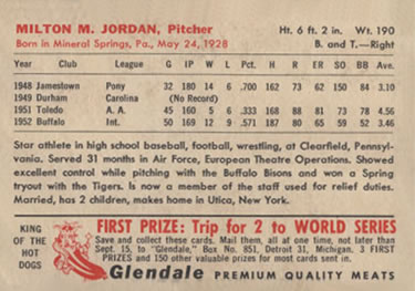 1953 Glendale Hot Dogs Detroit Tigers #NNO Milton Jordan Back