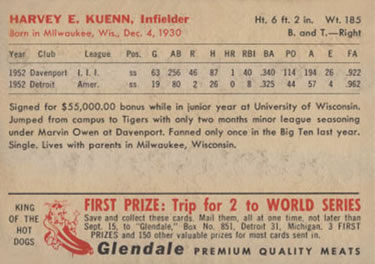 1953 Glendale Hot Dogs Detroit Tigers #NNO Harvey Kuenn Back