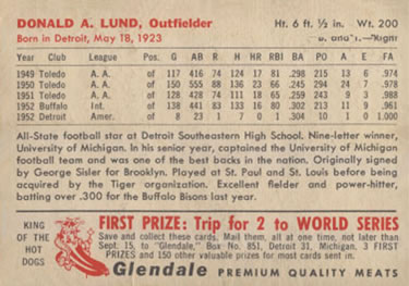 1953 Glendale Hot Dogs Detroit Tigers #NNO Don Lund Back