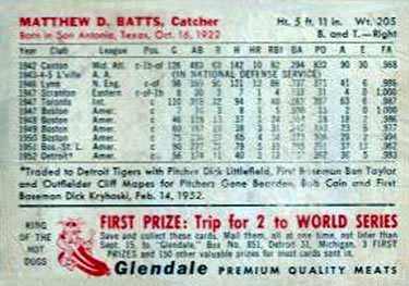 1953 Glendale Hot Dogs Detroit Tigers #NNO Matt Batts Back