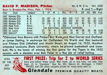 1953 Glendale Hot Dogs Detroit Tigers #NNO Dave Madison Back