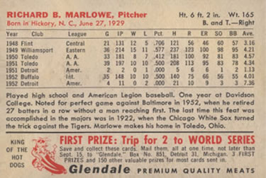 1953 Glendale Hot Dogs Detroit Tigers #NNO Dick Marlowe Back