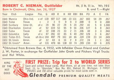 1953 Glendale Hot Dogs Detroit Tigers #NNO Bob Nieman Back