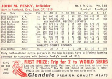 1953 Glendale Hot Dogs Detroit Tigers #NNO Johnny Pesky Back