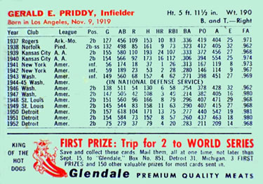 1953 Glendale Hot Dogs Detroit Tigers #NNO Jerry Priddy Back