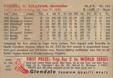 1953 Glendale Hot Dogs Detroit Tigers #NNO Russ Sullivan Back