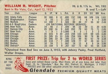 1953 Glendale Hot Dogs Detroit Tigers #NNO Bill Wight Back