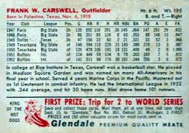 1953 Glendale Hot Dogs Detroit Tigers #NNO Frank Carswell Back