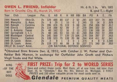 1953 Glendale Hot Dogs Detroit Tigers #NNO Owen Friend Back