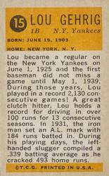 1963 Bazooka All-Time Greats #15 Lou Gehrig    Back