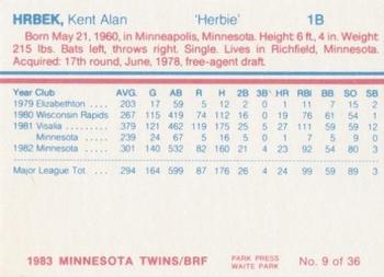 1983 Minnesota Twins #9 Kent Hrbek Back