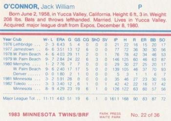 1983 Minnesota Twins #22 Jack O'Connor Back