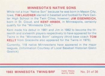 1983 Minnesota Twins #31 Native Sons: Tim Laudner / Jim Eisenreich / Kent Hrbek Back