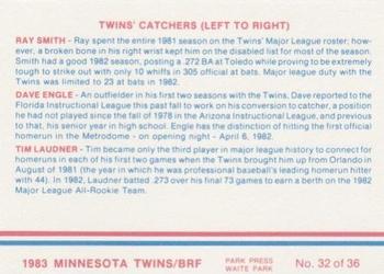1983 Minnesota Twins #32 Twins Catchers: Ray Smith / Dave Engle / Tim Laudner Back