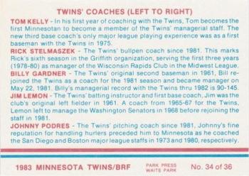1983 Minnesota Twins #34 Manager & Coaches: Tom Kelly / Rick Stelmaszek / Billy Gardner / Jim Lemon / Johnny Podres Back